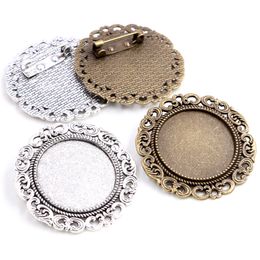 New Fashion 5pcs 25mm Inner Size Antique Silver Plated Bronze Colours Brooch Baroque Style Cabochon Base Setting