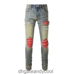 red Jeans Designer Pants Man Fashion brand Denim pleated patch amirres hole yellow mud dirty wash old jeans men's elastic slim pants I5ZK