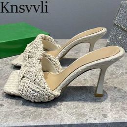 Slippers Braided Slippers Women Sexy High Heels Runway Shoes Summer Sandals Women Woven Slides Thin Heels Modern Slippers Woman X230519