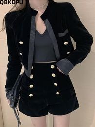 Women's Tracksuits Oversized Velvet Short 2 Piece Sets Classics Long Sleeve Cropped Coats Button Sexy Shorts Outfit Korean Conjuntos