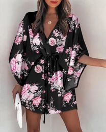 Basic Casual Dresses Summer Boho Women Flora Print Batwing Sleeve LaceUp Dress Sexy V Neck Loose Ladies Beach Mini Vestido 230519