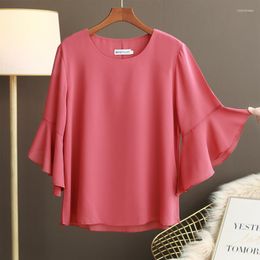 Women's Blouses Summer Clothes 2023 Foreign Style Horn Sleeves Large Size To Cover The Flesh And Show Thin Middle-sleeve Chiffon Shirt Women
