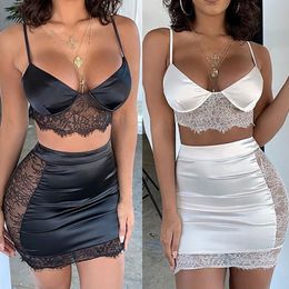 Two Piece Dress Sexy Solid Color Lace Stitching Fun Suit Skirt Lingerie Temptation Plus Size Comfortable Crop Top And Mini Set 230518