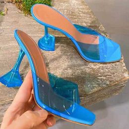 Slippers Transparent crystal heel slippers women's summer new fashion wine glass heel square toe fashion sandals Large size J230519