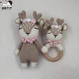 Rattles Mobiles Crochet Baby Handmade Deer Elk Set Rattle Teething Ring Plush Toys Sleeping Dolls Shower Gifts 230518