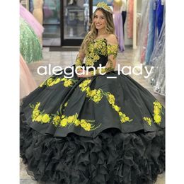 Black Sweetheart Bodice Medallions 3D Floral Applique Embroidery Tiered Skirt Charro Mexico vestidos de quinceanera negro