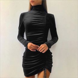 Casual Dresses Plus Size Women's Velvet Mini Dress Solid Colour Long Sleeve Turtleneck Bodycon Drawstring Ladies Elegant Sheath