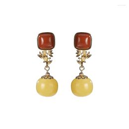 Stud Earrings 925 Sterling Silver Gold Plated Natural Beeswax Southern Red Agate Vintage Flower Earring Pendant For Ladies