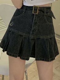 Skirts Butterfly Embroidered Spice Girl Denim Skirt Summer Harajuku Fashion Girl Bar Club Pleated Belt Pleated Skirt Vintage 90s 230519