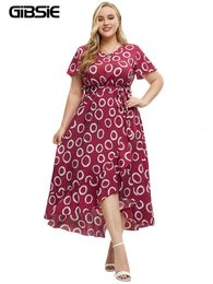 Plus size Dresses GIBSIE Size Casual Print Ruffle Hem Belted Dress Women Summer Short Sleeve Holiday Beach Sundress Female Boho Long 230518