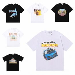 RHUDE MENS T-SHIRTS Erkekler İçin Yüksek Sokak Moda Tasarımcısı Gömlek Kısa Kollu Baskı Crewneck Sıradan T-Shirt Top Tee Asya Boyutu G9of#