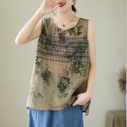 Women's Tanks Camis New Arrival 2023 Summer Arts Style Women Sleeveless Vintage Print Top Mujer Cotton Linen Embroidery Loose Tank Tops C884 P230519