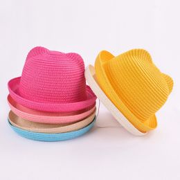 Caps Hats Fashion Lovely Girls Boys Straw Hats Headdress Summer Kids Bucket Sun Hat Cute Ear Solid Floppy Beach Cap For Children 230517