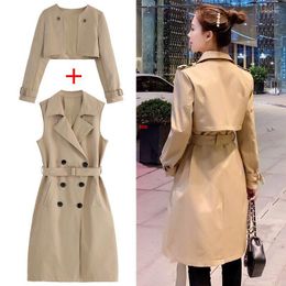 Women's Trench Coats 2023 Spring Summer Mid-length Women's Coat Loose Double-breasted British Wind Two-piece Set Can Be Removed Jacket