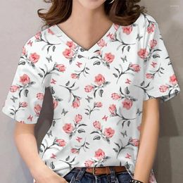 Women's T Shirts Flourishing Flowers Pattern Print Women's V-Neck T-shirts Casual Lady Short Sleeve Oversized Pullover Fashion Tops