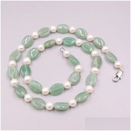 Chains Natural Green Jade 12Mm Oval Flakes 9Mm Pearl Beads Link Chain Necklace For Woman Man 48Cm Drop Delivery Jewelry Necklaces Pen Dhwsz