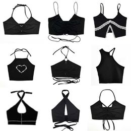 Women's Tanks Camis Y2k Black Halter Top Camis Women Crop Tops 2023 New Summer Bustier Sexy Sleeveless Backless Lace Up Camisole P230519