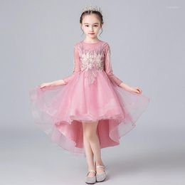 Girl Dresses Embroidery O-Neck High-Low Elegant Empire Full Sleeves Tulle Kids Party Communion For Weddings A2295