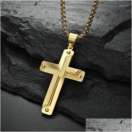 Pendant Necklaces European And American Style Rivet Threelayer Large Mens 18K Gold Plated Twocolor Pattern Cross Necklace Drop Deliv Dh6Pj