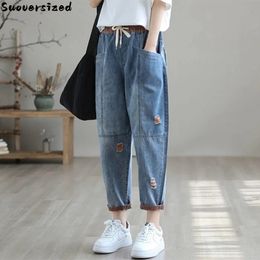 Women's Jeans Ripped Splice Baggy Ankle-Length Harem Jeans Women Elastic High Waist Denim Pant Casual Vaqueros Blue Trousers Korean Pantalones 230519