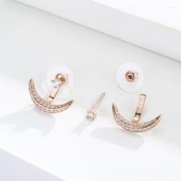 Stud Earrings Cute Brass Rose Gold Color Crescent Moon CZ For Women Girls Jewelry Orecchini Aretes Kolczyki Ear Jacket Swing