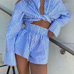 Women's Two Piece Pants Street Casual Suits Striped Shirts Shorts Set 2023 Temperament Stripe V-neck Hollow Out Two-piece Outfit Dresses Casual Vestidos
