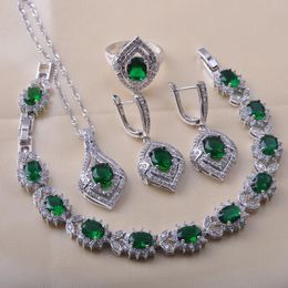 Necklace Earrings Set & Silver Colour Green Zircon For Women Wedding Bracelet Ring Anniversary Present QS0607Earrings