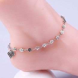 Anklets New Fashion Foot Chain Tibetan Silver Hollow Plum Flowers Heart-Shaped Anklet For Women G220519