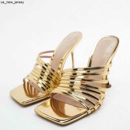 Slippers Woman High-heeled Strappy Heel Sandals Women's Gold Pink Heel Slippers Summer 2023 Elegant Luxury Sexy Ladies Shoes J230519