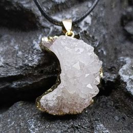 New Natural Original Stone Crystal Moon Shaped Pendant Necklace for Women Girls Irregular Crystal Geometric Necklace Gifts