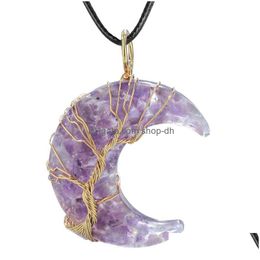 Pendant Necklaces Healing Crescent Moon Stone Golden Wire Wrapped Tree Of Life Crystal Resin Charms For Jewellery Making Diy Drop Deli Dhpdq