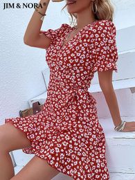 Dress JIM & NORA Hot Floral Printed Garment Short Sleeves V Neck Dress Casual Corset Mini Dresses Women Summer Holiday Beach Sundress