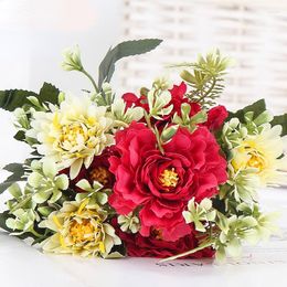 Decorative Flowers 1 Bouquet Camellia Artificial Peony Rose Silk Fake Wedding Flower DIY Home Garden Party Wall Decoration