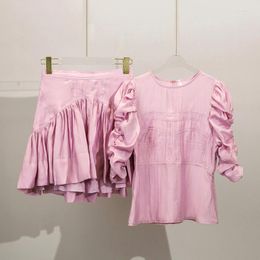 Women's Blouses 2023 Summer Pink Set Women's Pleated O-neck Puff Sleeve Blouse Or Zipper A-line Mini Skirt Lady Suit