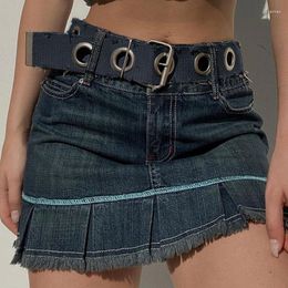 Skirts Y2k Vintage Belt Pleated Skirt Girl Denim Street Clothes Trendy Mini Harajuku Korean Punk Fashion 90s