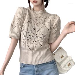 Women's Blouses Vintage Hollow Out Knitted Shirt Puff Short Sleeve Pullovers Tops Solid Loose Summer Crochet Women Blouse