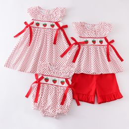 Tshirts Girlymax Spring Summber Baby Girls Sibling Boutique Children Clothes Dots Milk Silk Smocked Strawberry Dress Romper Shorts set 230519