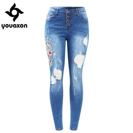 Jeans 2133 Youaxon New Button Fly Real Emboridery Ripped Jeans Woman Stretchy Denim Skinny Pants Trousers For Women Jeans