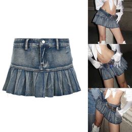 Vintage Washed Denim Pleated Skirt Women Y2K Low Waist Ruffle Hem Distressed Mini Skirts Hot Girls Summer Nightclub Streetwear P230519