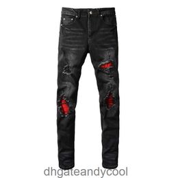 Brand Denim Amirres Jeans Designer Black Pants Man High Street Fashion Hole Jeans Men's Personality Red Patch Elastic Slim Fit Versatile Feet Pants HAEU