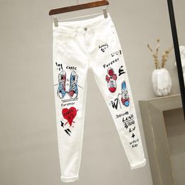 Jeans Women White Denim Pants Cartoon Graffiti Flowers Print Stretched Jeans Vintage Slim Body Capris Jeans Fashion Party Jeans