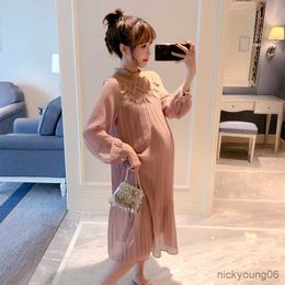 Autumn Fashion Pleated Chiffon Maternity Long Dress Loose Straight Clothes for Pregnant Women Pregnancy Clothing R230519