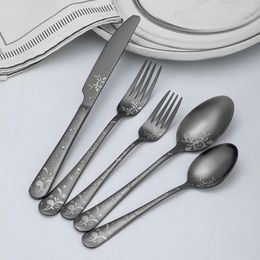 Dinnerware Sets 5Pcs Stainless Steel Tableware Set Fork Knife Spoon Combination With Pattern Portable Cutlery Household Kitchen Utensils