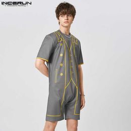 INCERUN Men Rompers Printing O-neck Short Sleeve Zipper Streetwear Casual Jumpsuits Men 2023 Summer Male Playsuits Shorts S-5XLL230519