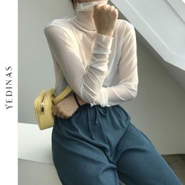 T-Shirt Yedinas Korean Style Turtleneck Mesh Tops See Through Sexy Slim Long Sleeve T Shirts Candy Colour Semitransparent Tshirt Japanese