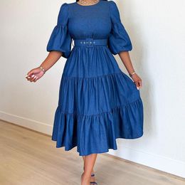 Basic Casual Dresses Fashion Vintage Women Denim Dress Sping Autumn Half Sleeve Patchwork Ruffles With Belt Big Hem Midi Dress 230519