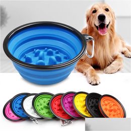 Dog Bowls Feeders Collapsible Slow Feeding Pet Bowl Sile Outdoor Travel Portable Puppy Food Container Feeder Dish Drop Delivery Ho Dhlng