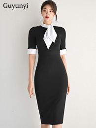 Dresses Temperament Vitality OL Dress 2022 Summer Stand Collar Bow Black White Stitching High Waist Tight Elegant Office Dress Women