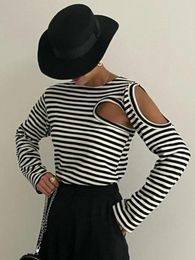 Women's T Shirts Elegant Striped Women Tops Spring Summer Fashion Hollow Out Long Sleeve T-shirt Black Casual Loose Round Neck Basic Tee