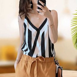 Women's Tanks Camis 2021 Summer Korea Fashion Women Sexy Spaghetti Strap Tank Top All-matched Casual Striped Chiffon V Neck Tops Femme Camis V375 P230519